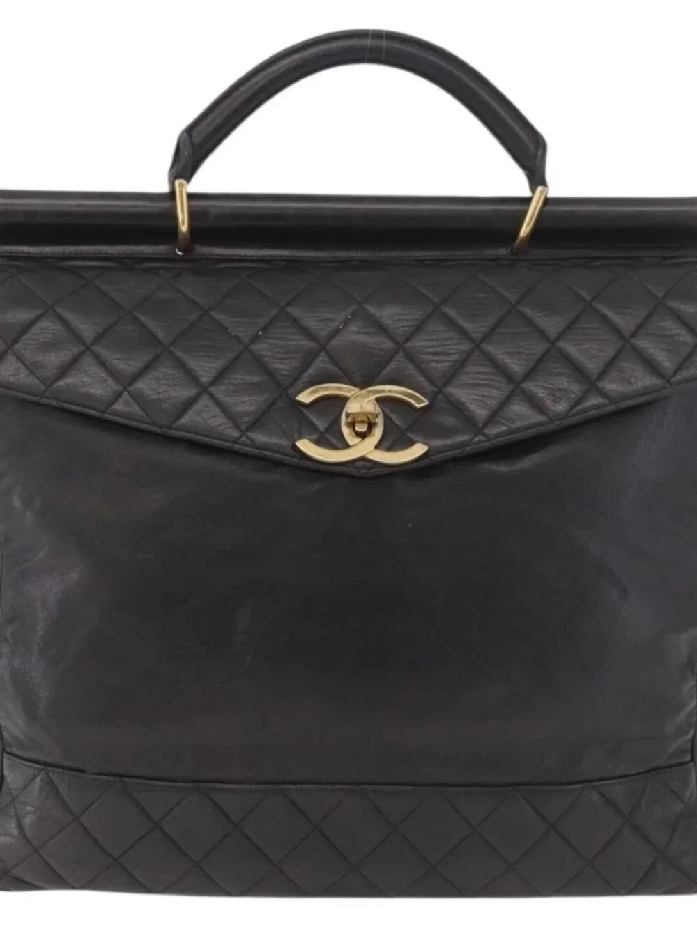 CHANEL Matelasse Hand Bag Lamb Skin Black Gold CC Auth 183326A